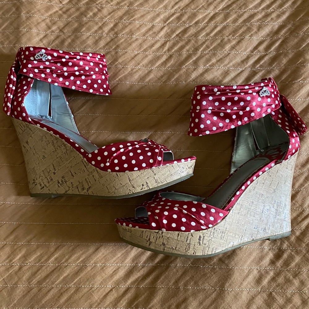 Red polka dot Fergalicious wedges